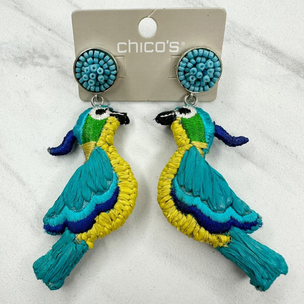 Chico's Parrot Drop Earrings Silver Tone Beaded NWT ✨